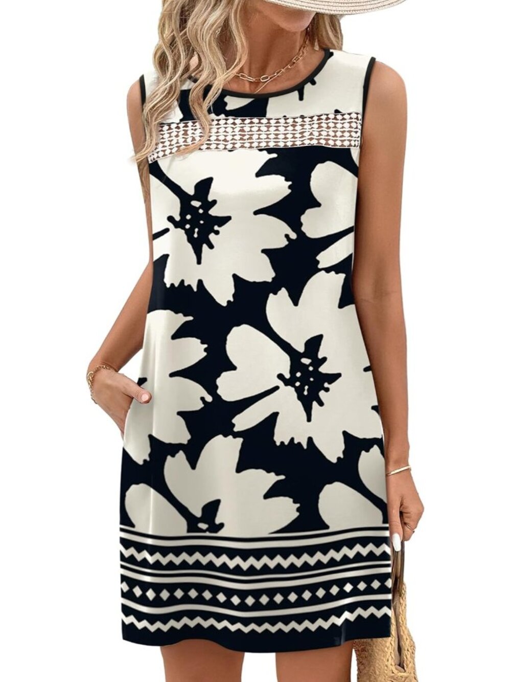 〽️Women's Black White Lace Mini Dress Sleeveless Tank Summer Beach Dress Pockets - Picture 2 of 5